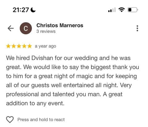 “Client testimonial praising Cambridge magician Dvishan for unforgettable close-up magic entertainment at a wedding