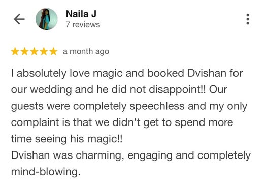 Client testimonial praising Dvishan, a Leicestershire magician, for his performance
