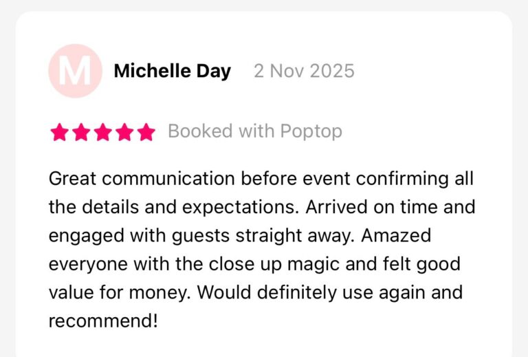 Client testimonial for a Wolverhampton magician, highlighting a positive experience with a live magic performance